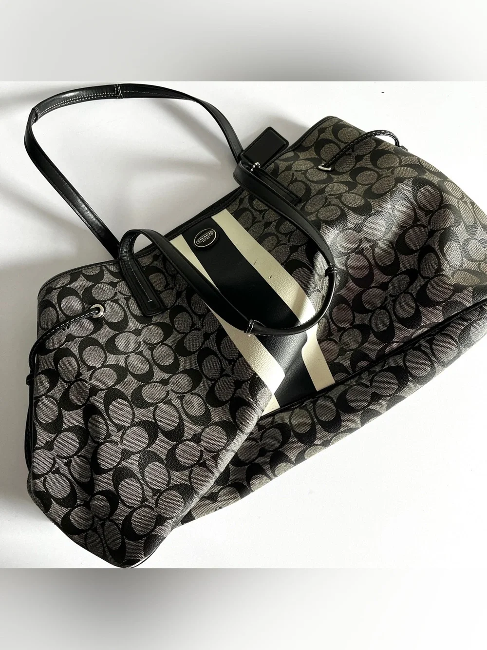 Coach carryall tote large signature stripe print bag black gray shoulder straps